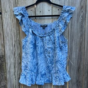 NAUTICA JEANS Denim Blue Tropical Off Ruffle Shoulder Shirt Top W Large NWT
